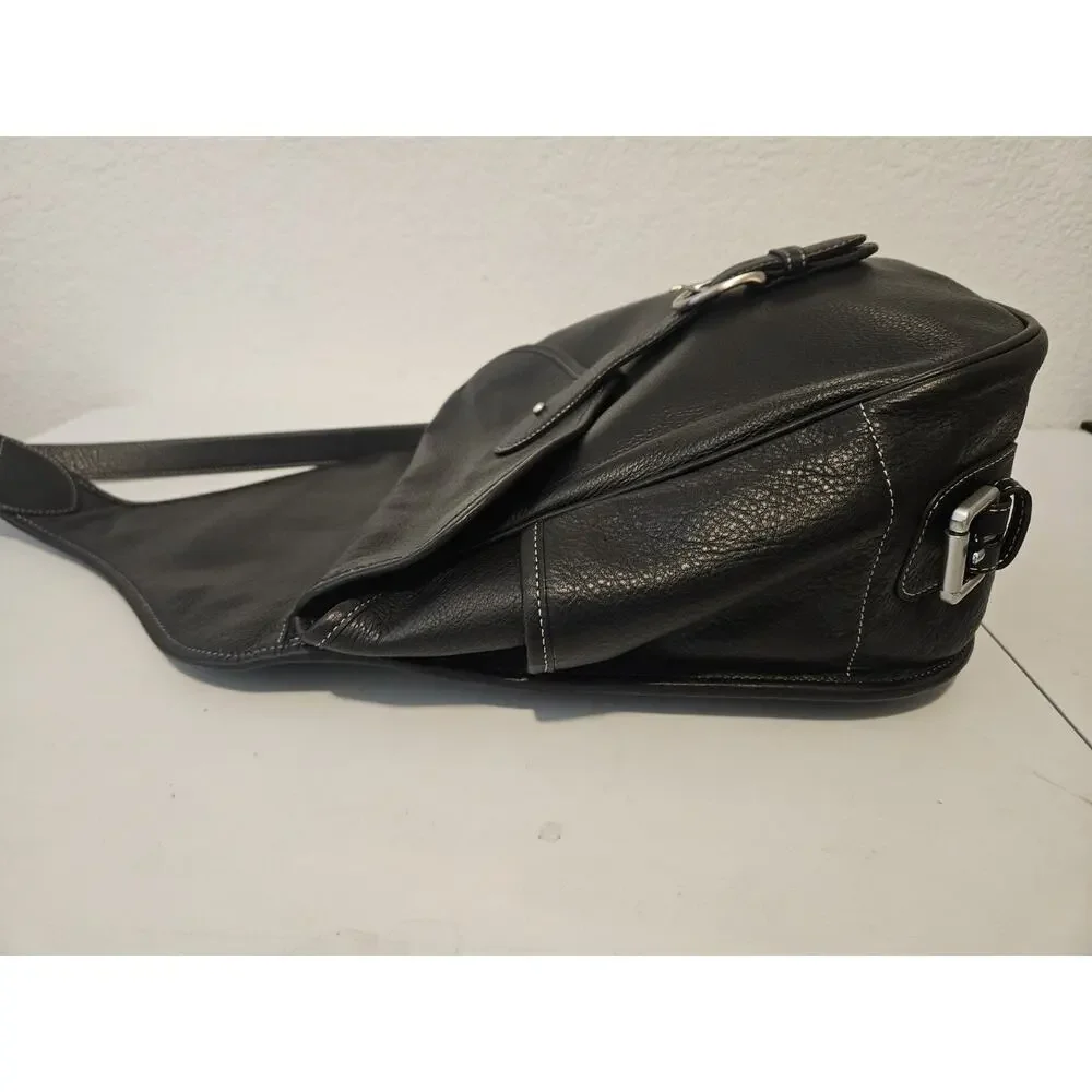 Levenger Black Leather Saddlebag Sling Backpack Bag Black EUC